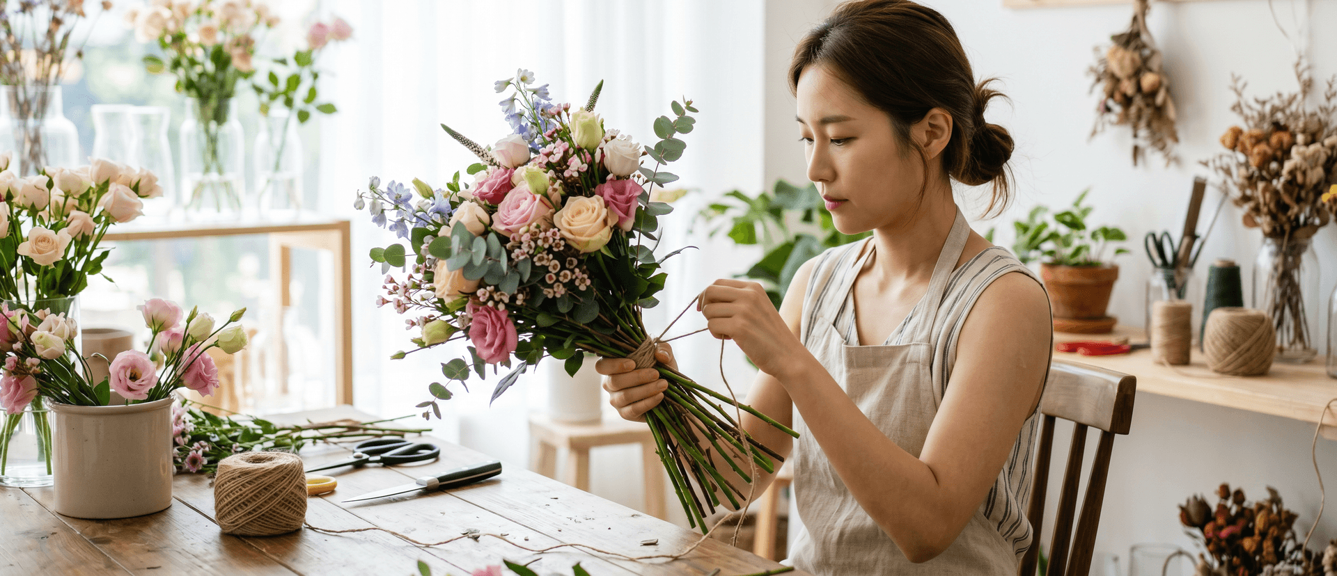 플로리스트가 꽃다발을 만드는 장면